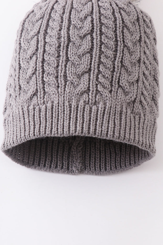 Grey cable knit pom pom beanie hat baby toddler adult