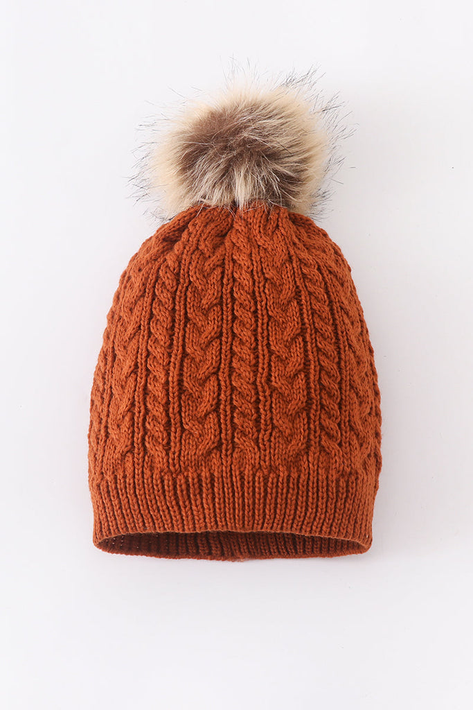 Rust cable knit pom pom beanie hat baby toddler adult
