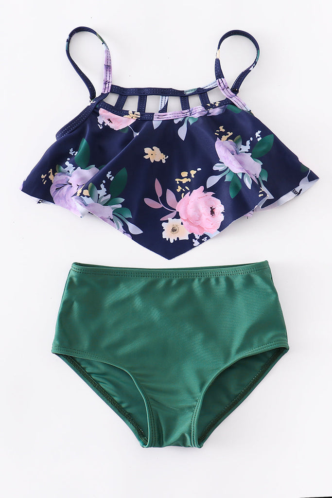 Hunter green floral high waist swim suits Mommy & me