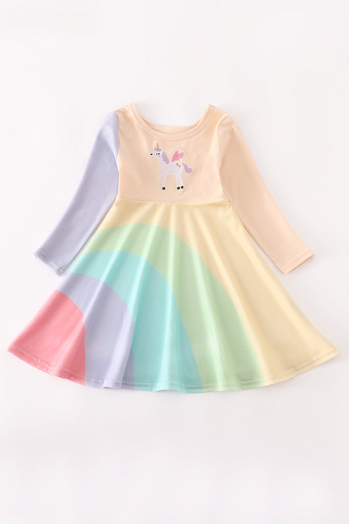 Rainbow unicorn embroidery girl dress