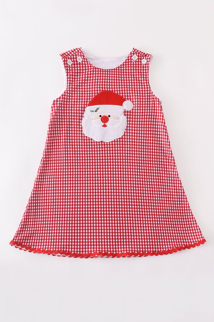 Red plaid Santa Claus applique girl dress