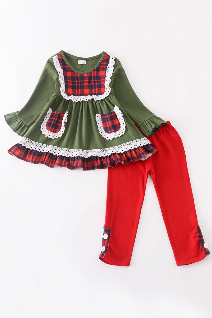 Green ruffle dress & red pant 2pc set