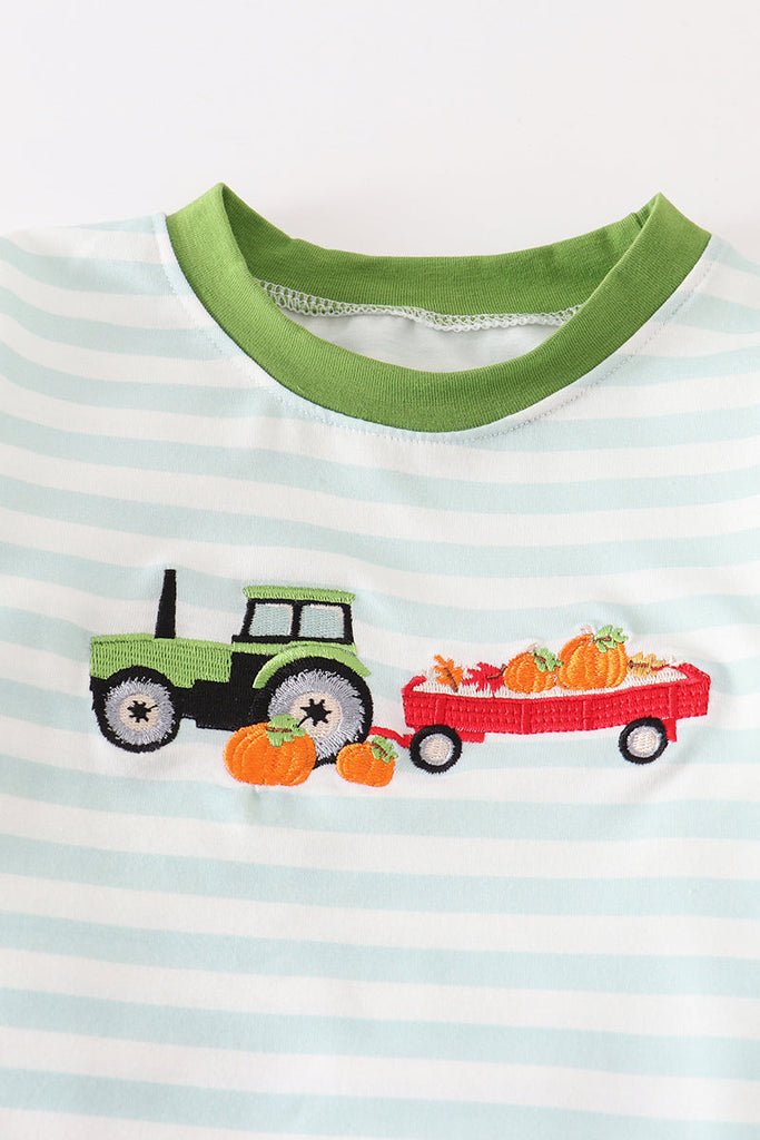 Tractor pumpkin embroidery stripe boy set