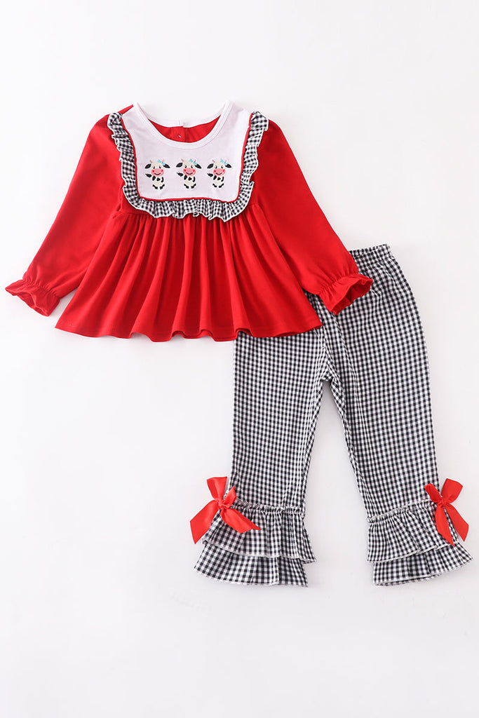 Red cow embroidery ruffle pant 2pc set