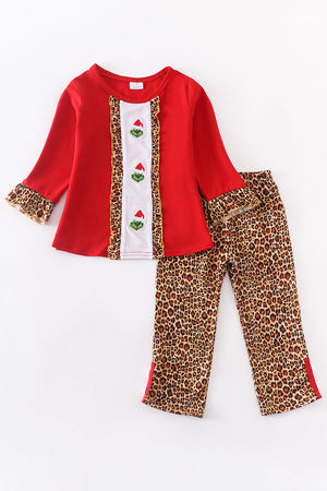 Red leopard grinch embroidery girl set