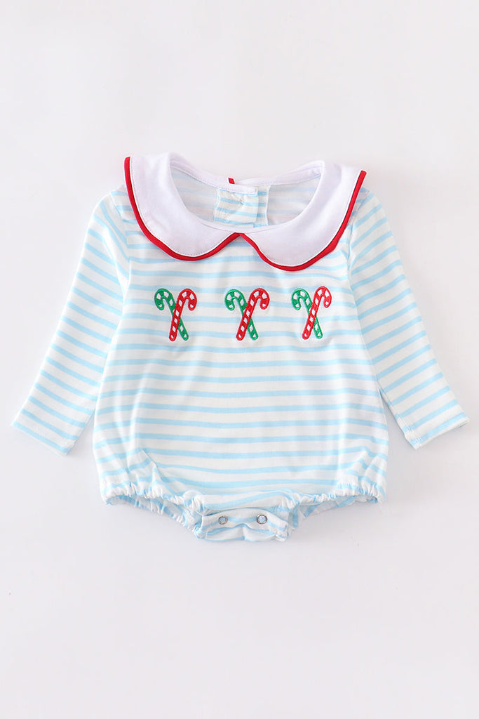 Blue candy cane embroidery boy baby romper