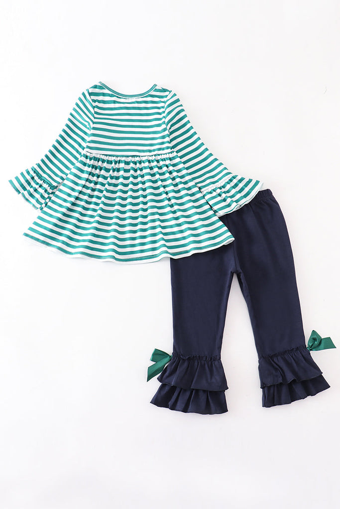 Green stripe duck embroidery bell sleeve bow ruffle pant 2pc girl set