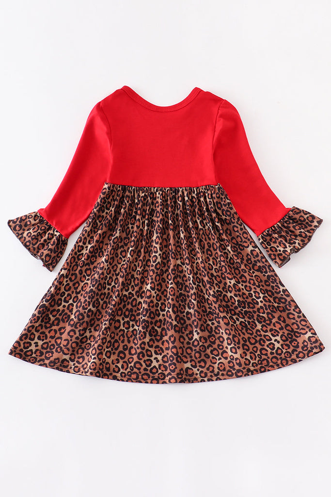 Red Leopard christmas tree applique girl dress
