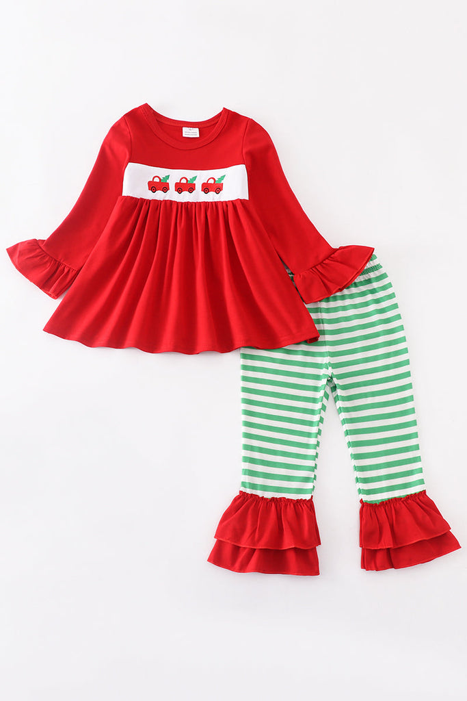 Red truck christmas tree embroidery girl set