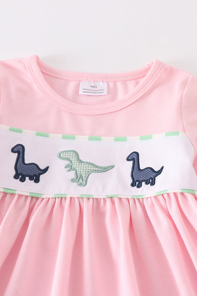 Pink three dinosaurs applique girl set