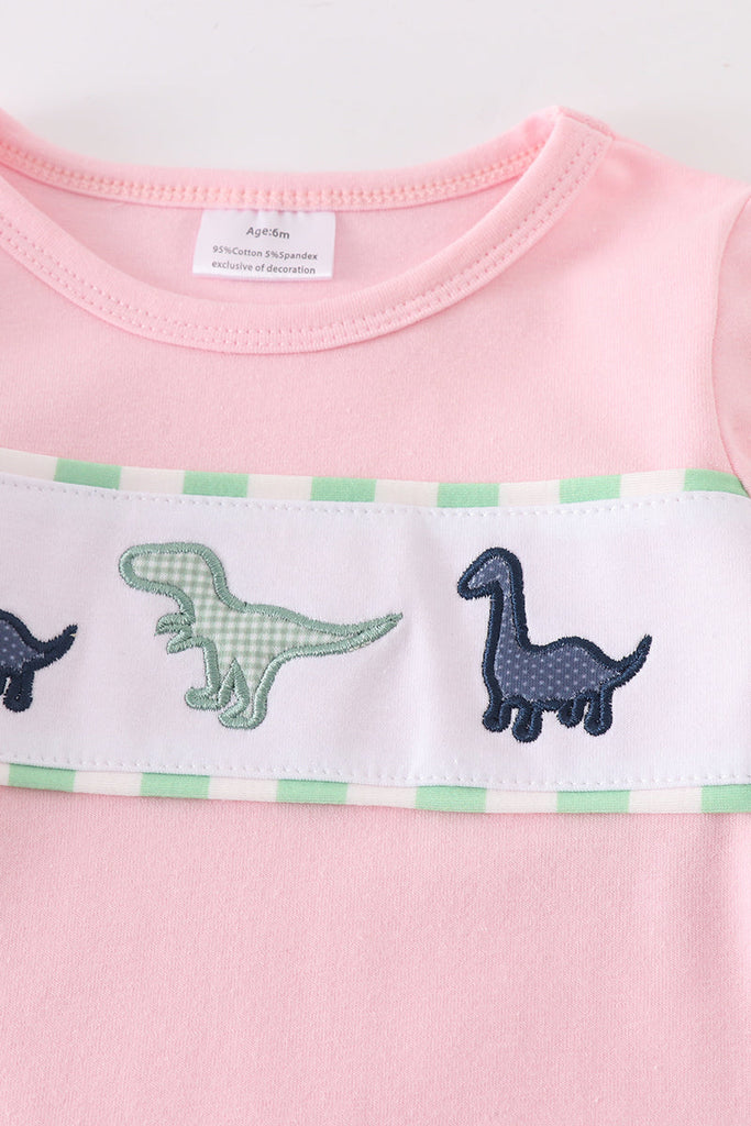Pink three dinosaurs applique baby girl romper