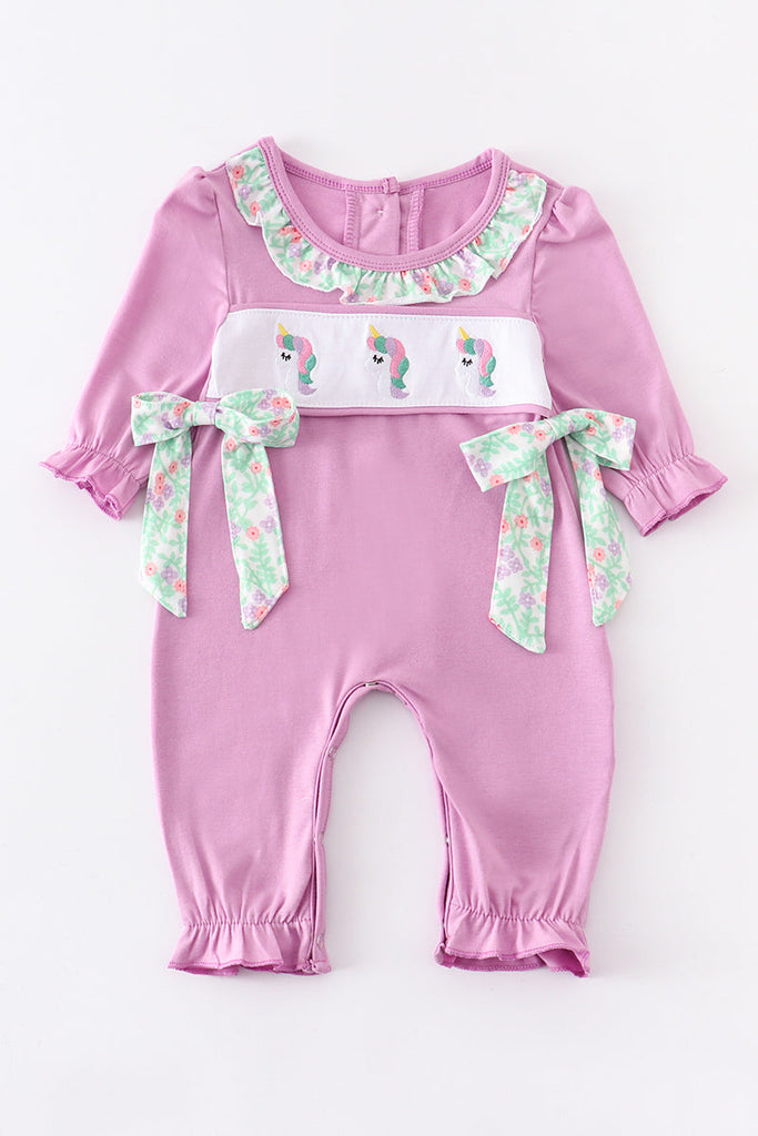 Purple unicorn embroidery girls baby romper