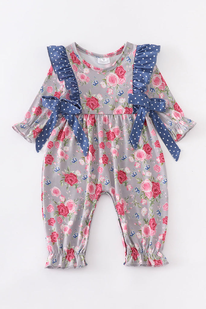 Pink floral print bow girl romper