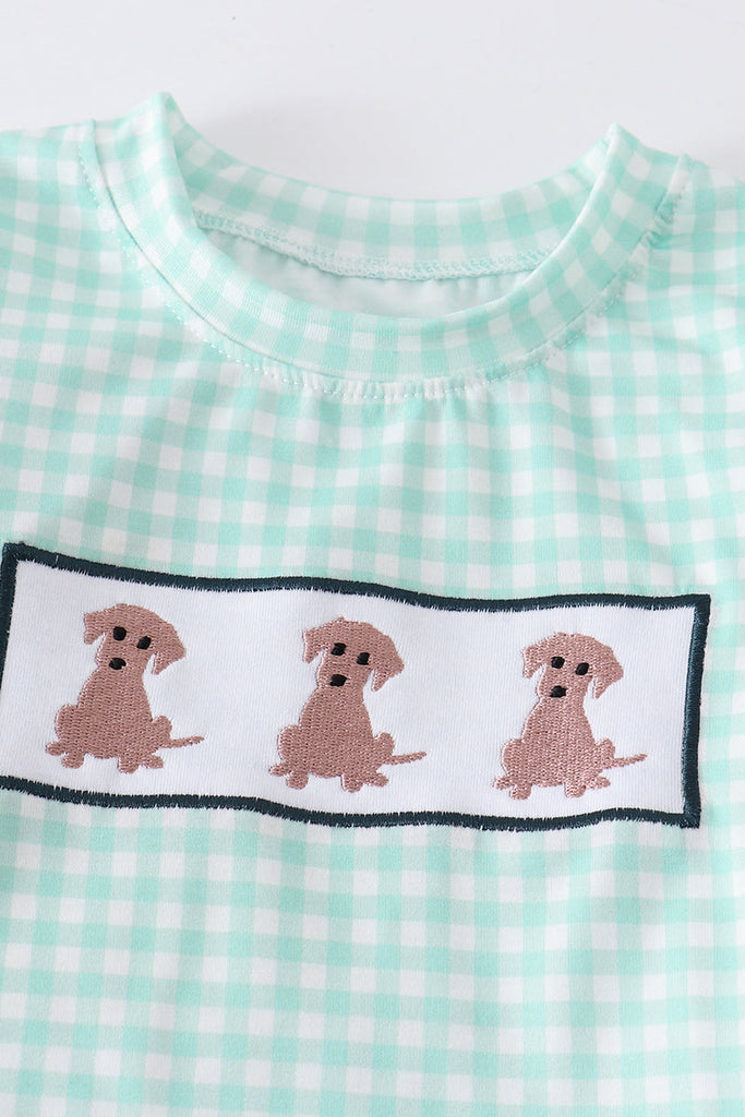 Three dogs embroidery plaid boy set