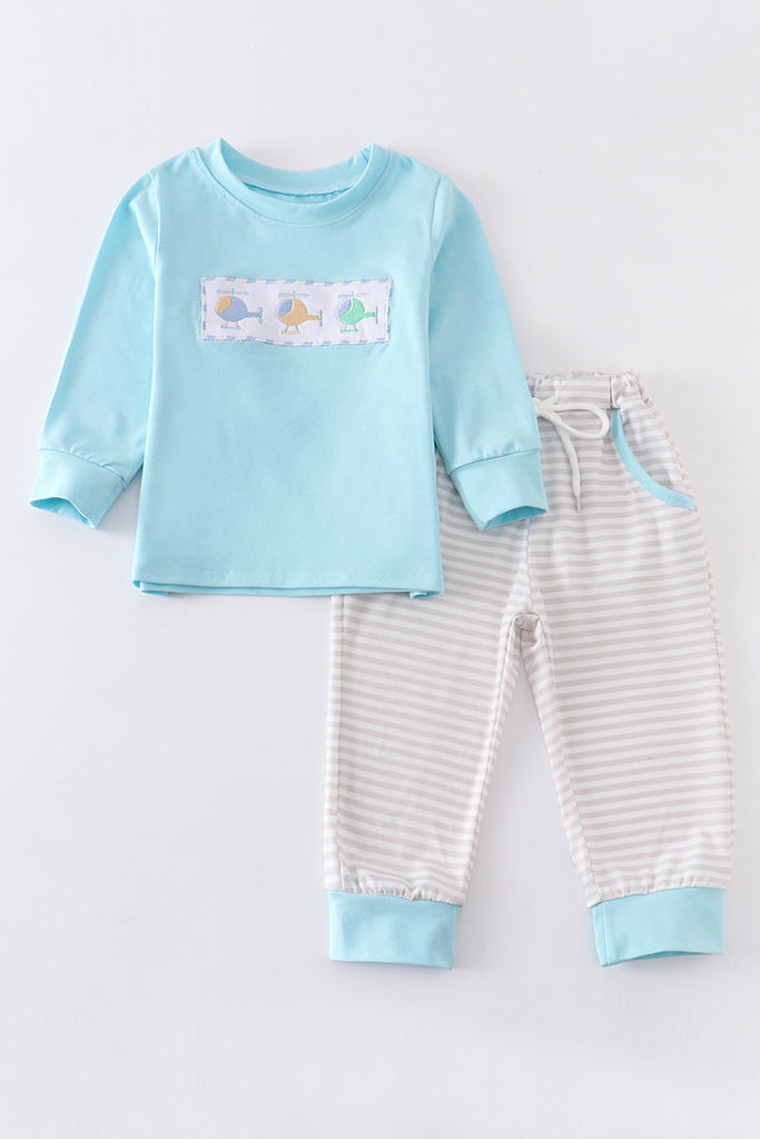 Blue helicopter embroidery stripe boy set