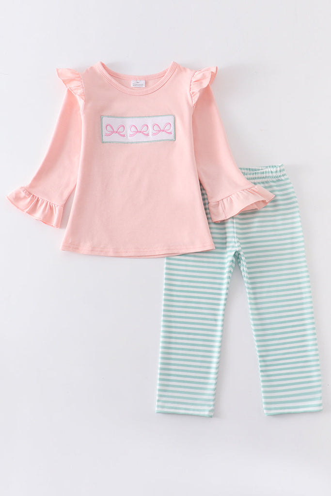 Pink bowknot embroidery stripe girl set