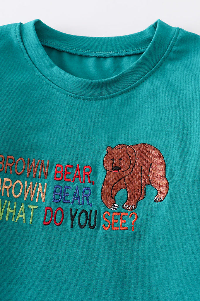 Green bear embroidery boy top