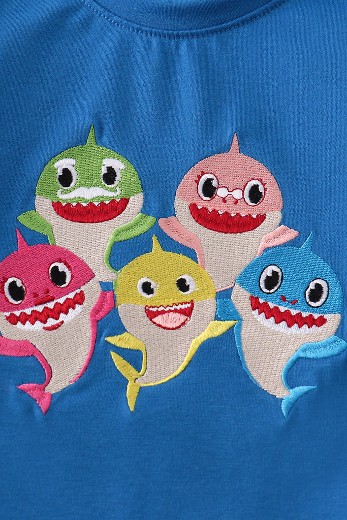 Blue shark embroidery boy top