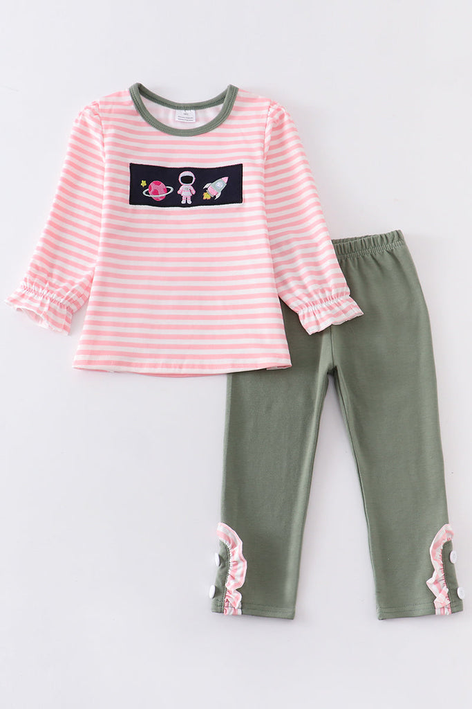 Pink astronaut embroidery stripe girl set