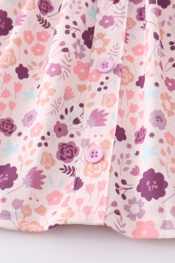 Purple floral print bubble sleeve set