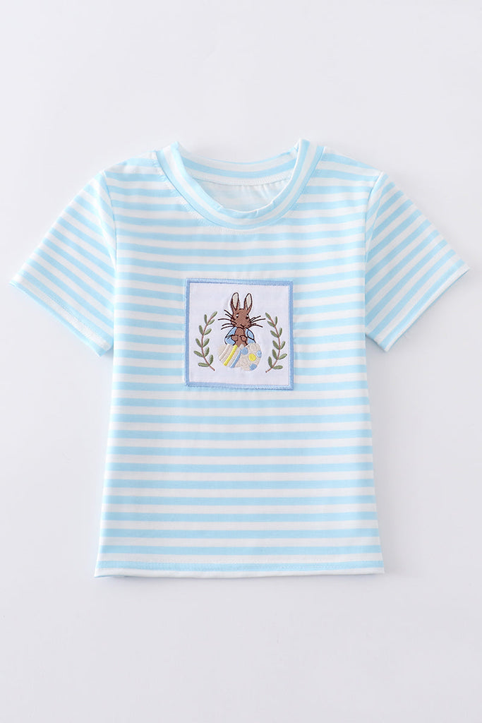 Blue stripe bunny embroidery boy top