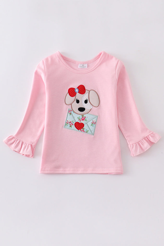 Pink valentine's day dog applique girl top