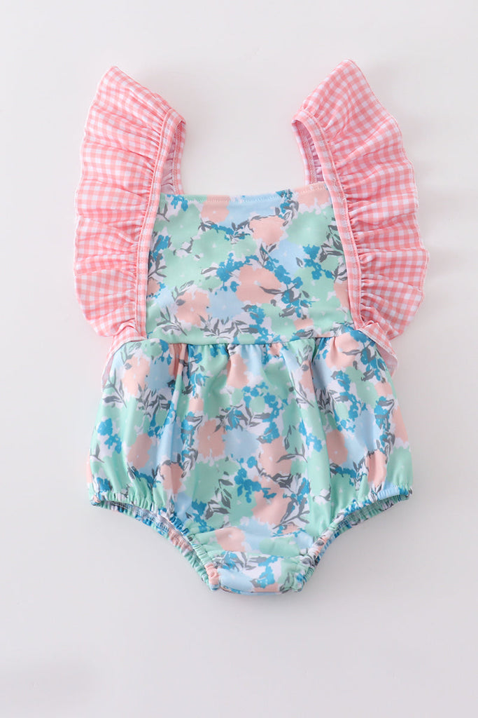 Coral floral print ruffle girl swimsuit