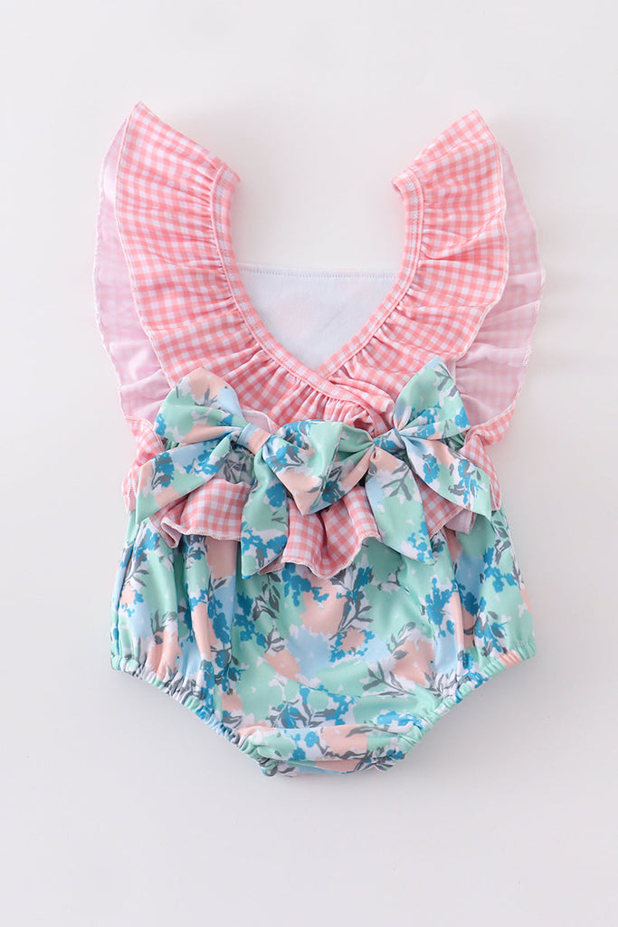 Coral floral print ruffle girl swimsuit