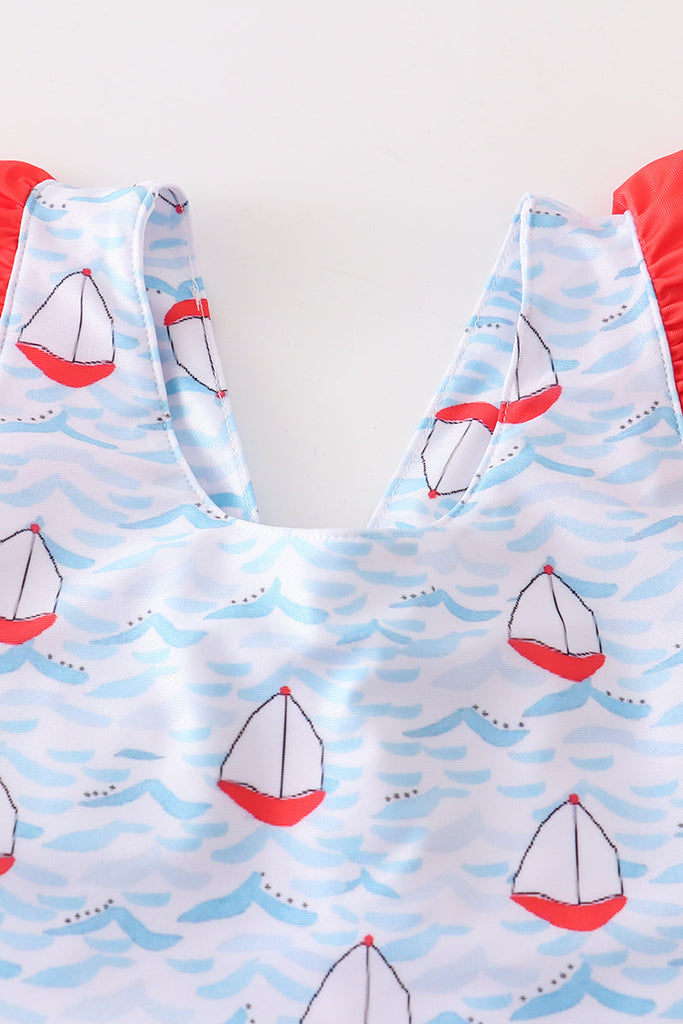 Sailboat print ruffle girl 2pc swimsuit