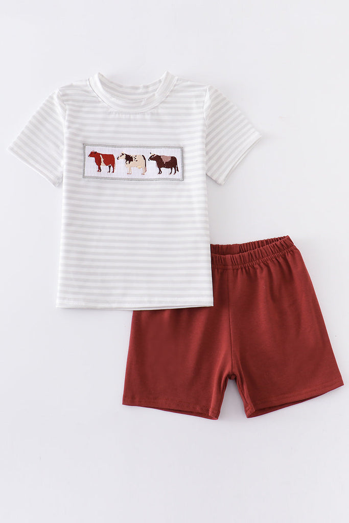 Cow smocked stripe boy shorts set