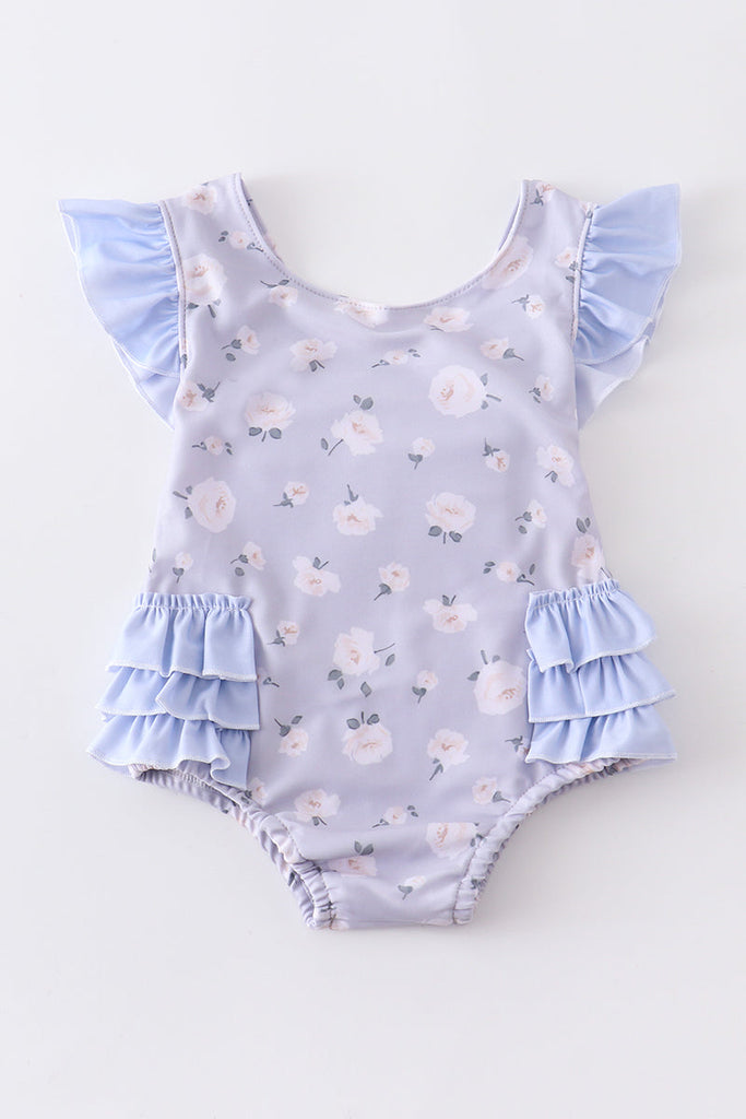 Blue floral print girl swimsuit
