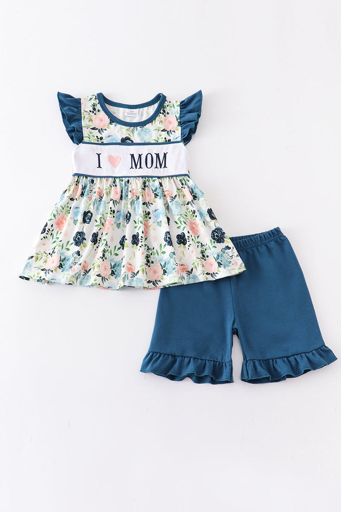 Navy floral print embroidery girl set