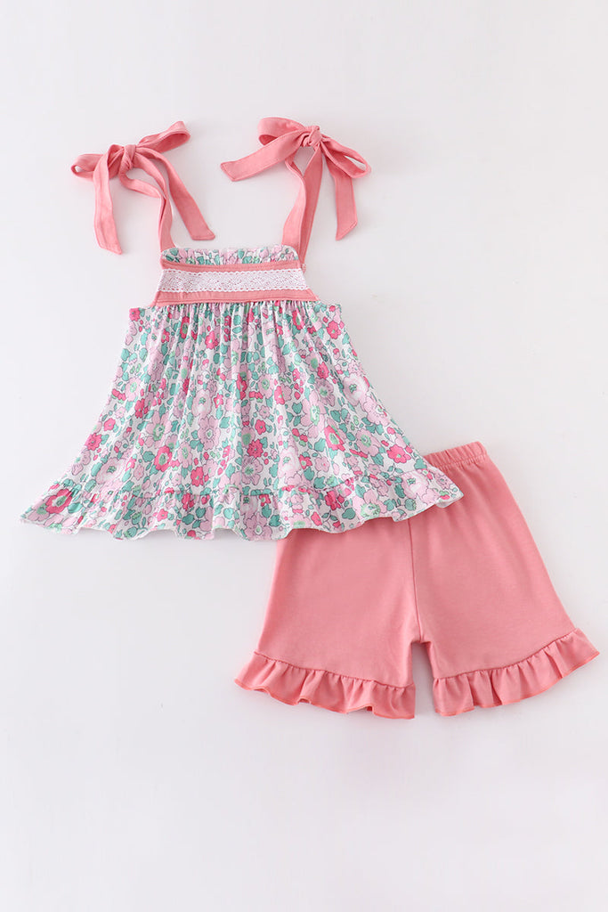 Pink floral print lace girl set