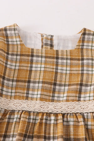 Coffee plaid lace tiered ruffle dress