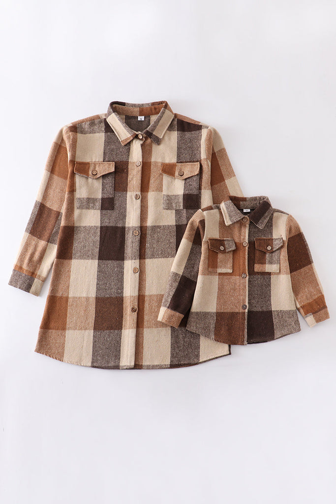 Brown & grey plaid button down mommy & me shirt