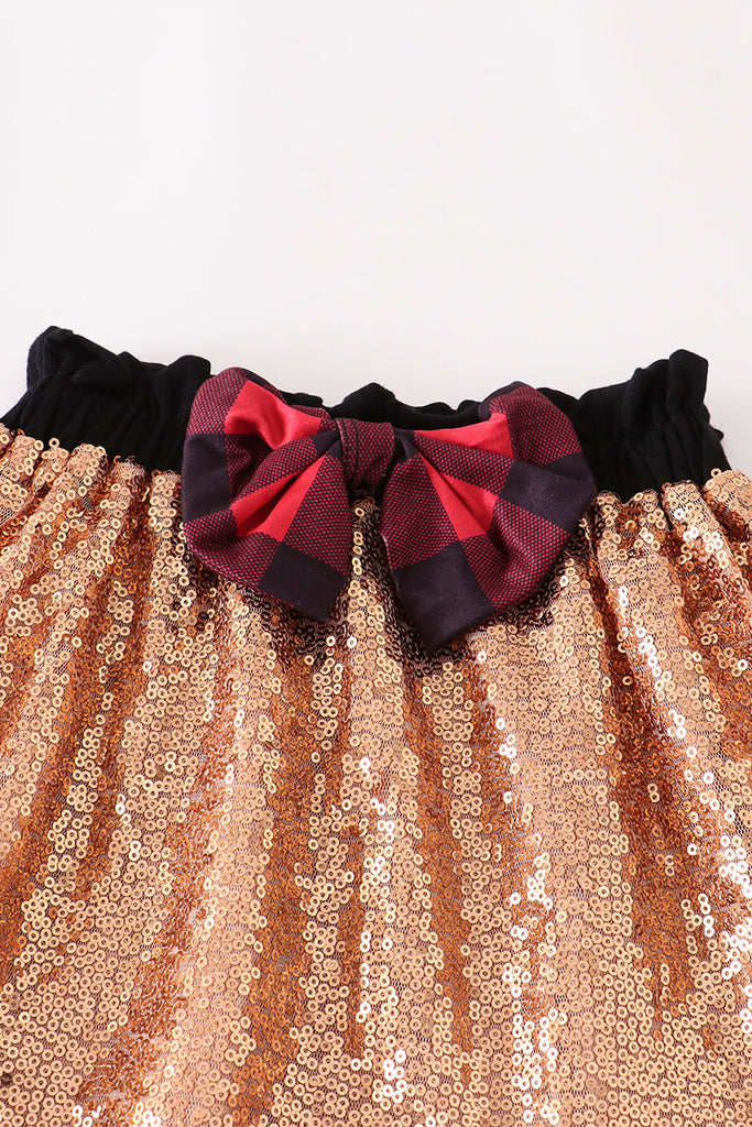 Red and black plaid santa applique sequin skirt set