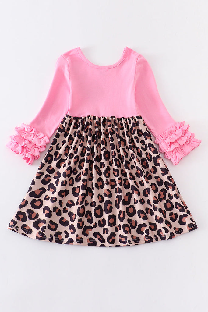 Pink leopard clover ruffle girl dress