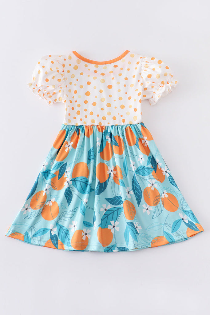 Orange print ruffle button girl dress