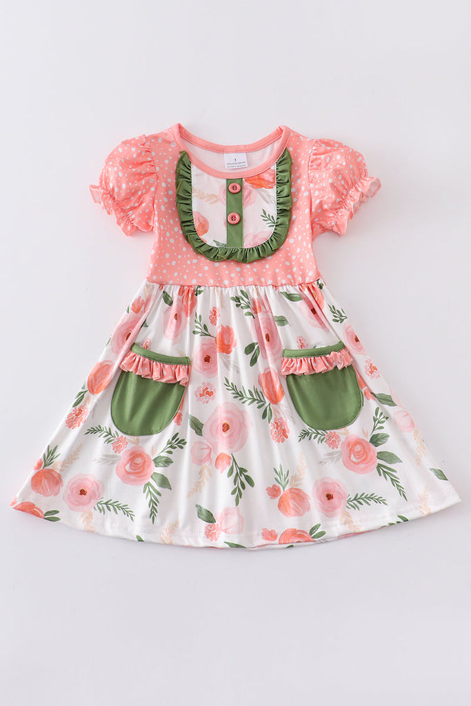 Coral floral puff sleeve pocket girl dress