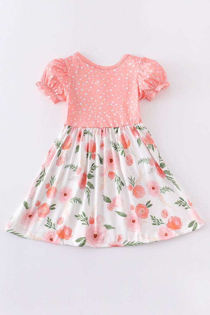 Coral floral puff sleeve pocket girl dress