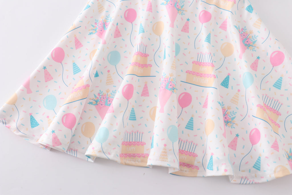 Birthday cake balloon print ruffle dress