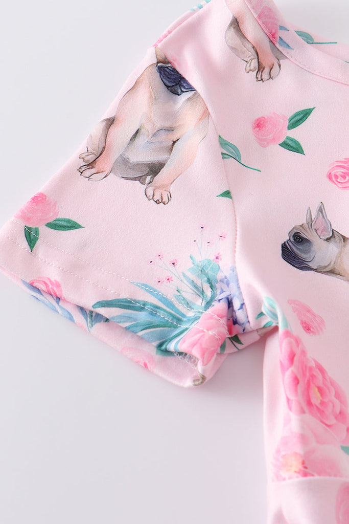 Pink dog floral print girl twirl dress