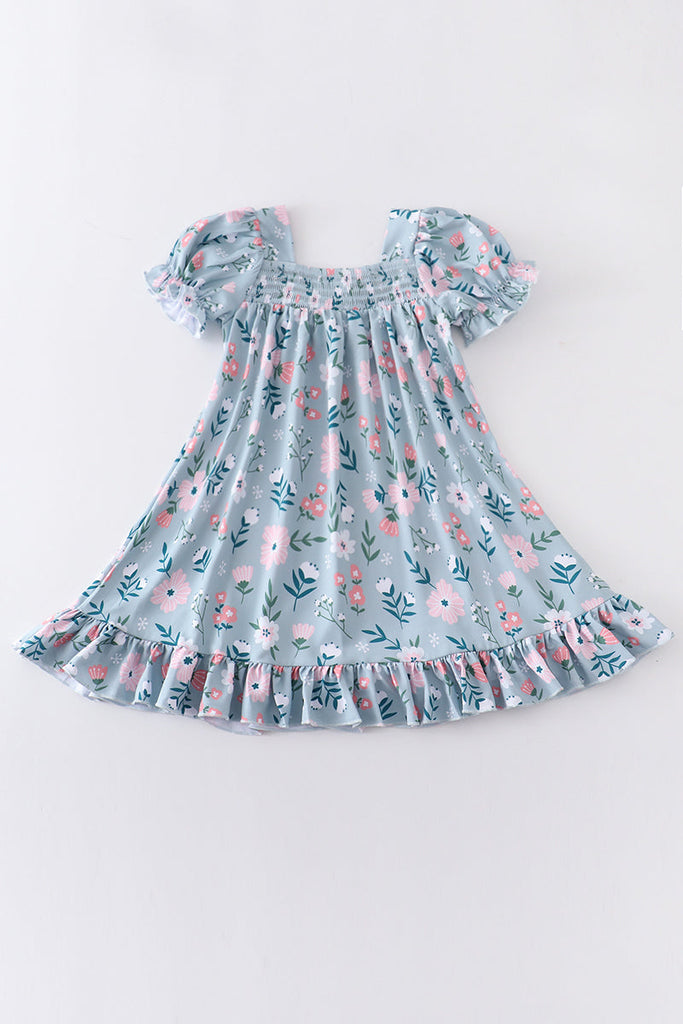 Turquoise floral print smocked dress