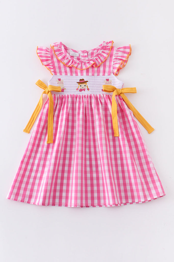 Pink plaid girl boots smocked dress