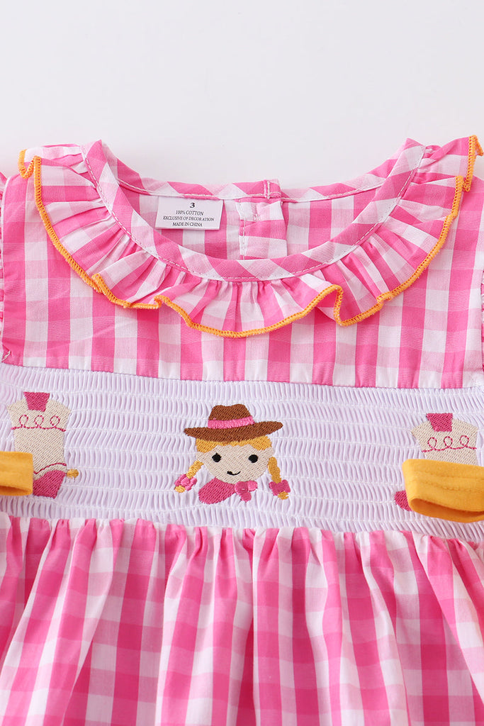 Pink plaid girl boots smocked dress