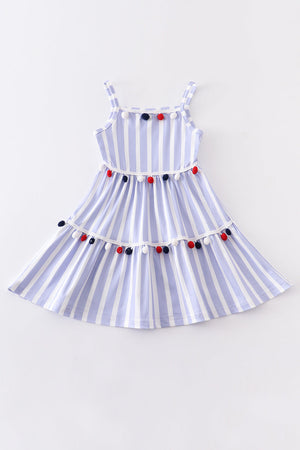 Blue stripe pom pom girl dress