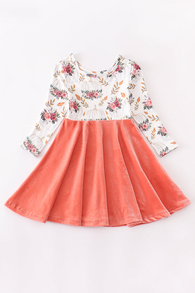 Pumpkin floral velvet twirl dress