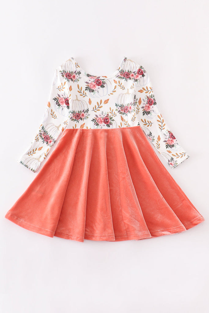 Pumpkin floral velvet twirl dress