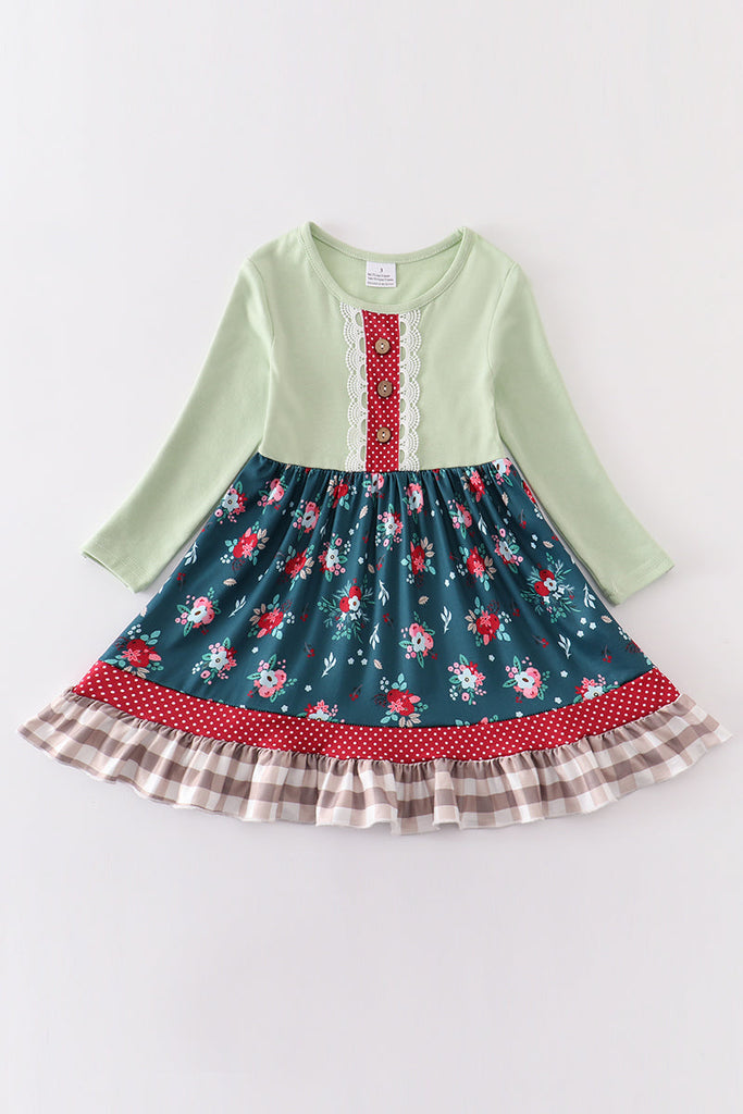 Green floral ruffle buttons girl dress