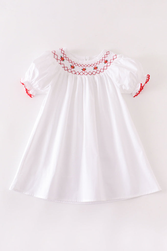 White floral smocked  puff sleeve dress
